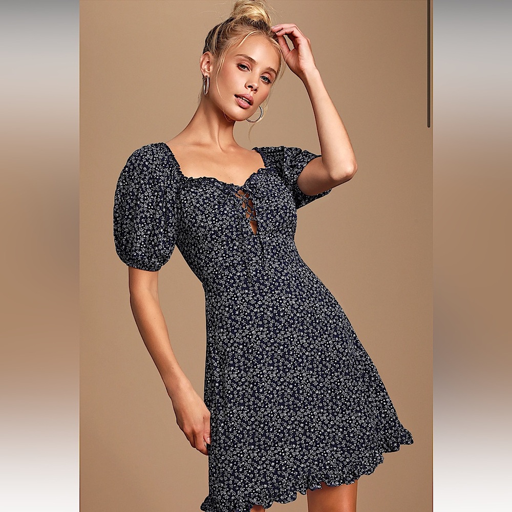 Lulus Sashabella Navy Blue Floral Print Puff Sleeve Lace-Up Dress